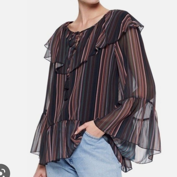 Rebecca Minkoff Tops - Rebecca Minkoff Patti Striped Multicolor Ruffle Bell Sleeve Tassel Blouse Small